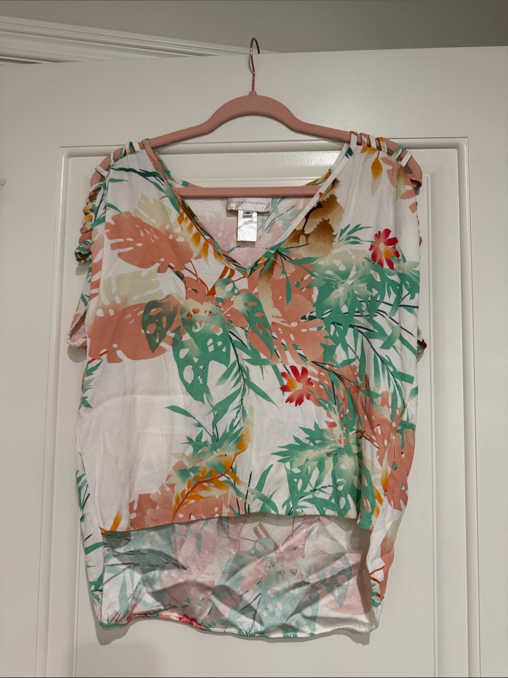 Anthropologie White V-Neck Tropical Leaf & Floral Blouse with Coral and Green
